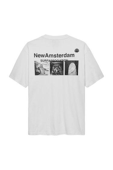 New Amsterdam white t-shirt with photo print on the back and logo in black. Back flatlay view