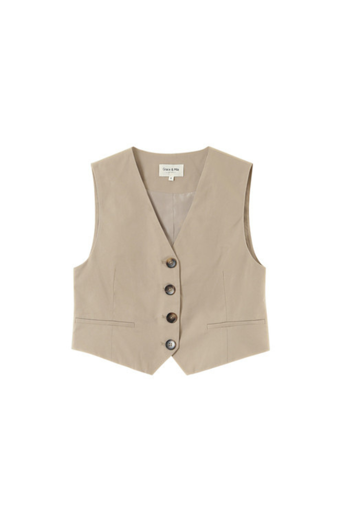 Grace & Milla penn waistcoat in beige. Front flatlay view