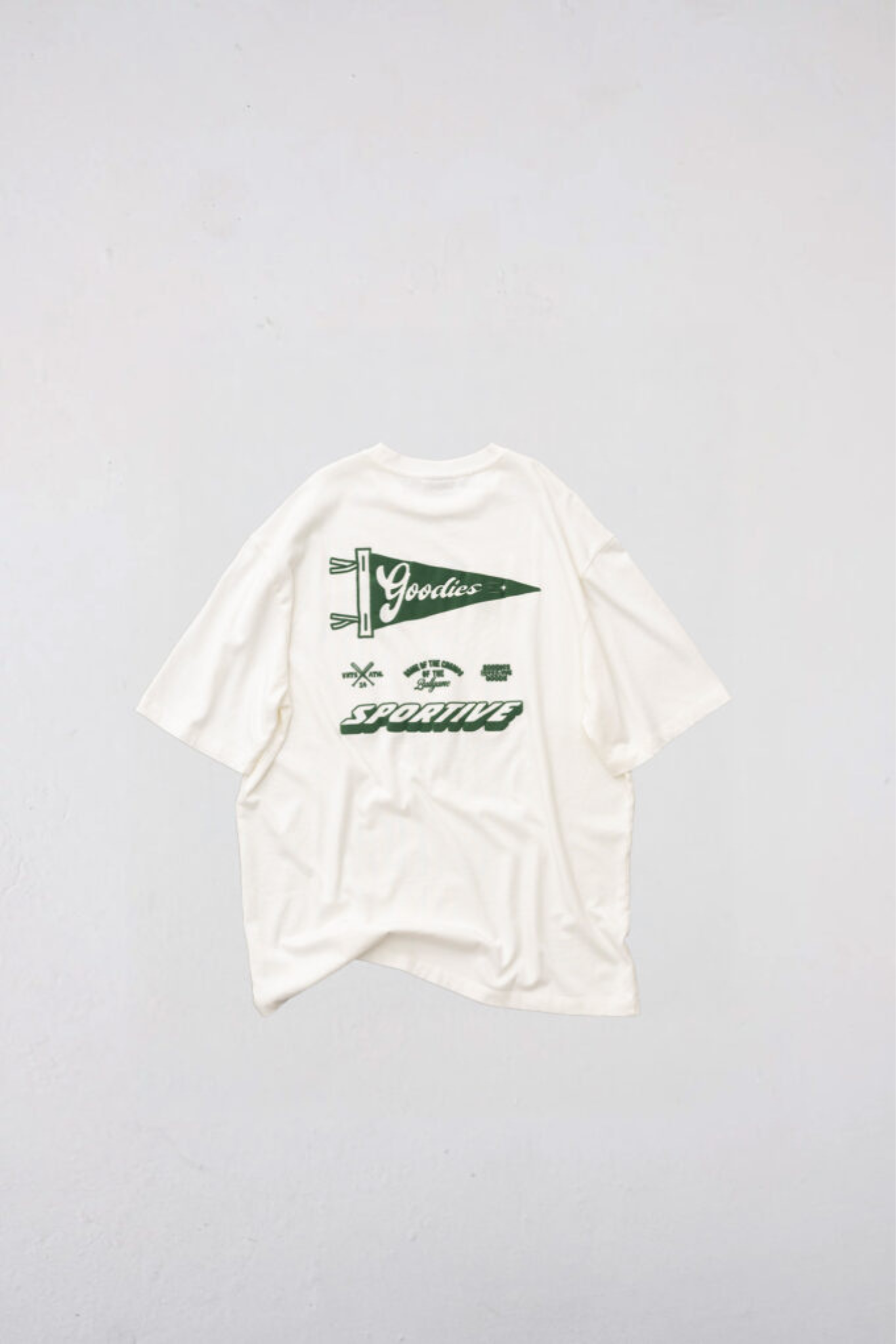 Goodies Sportive flag t-shirt in white and graphic in green. Back flatlay view