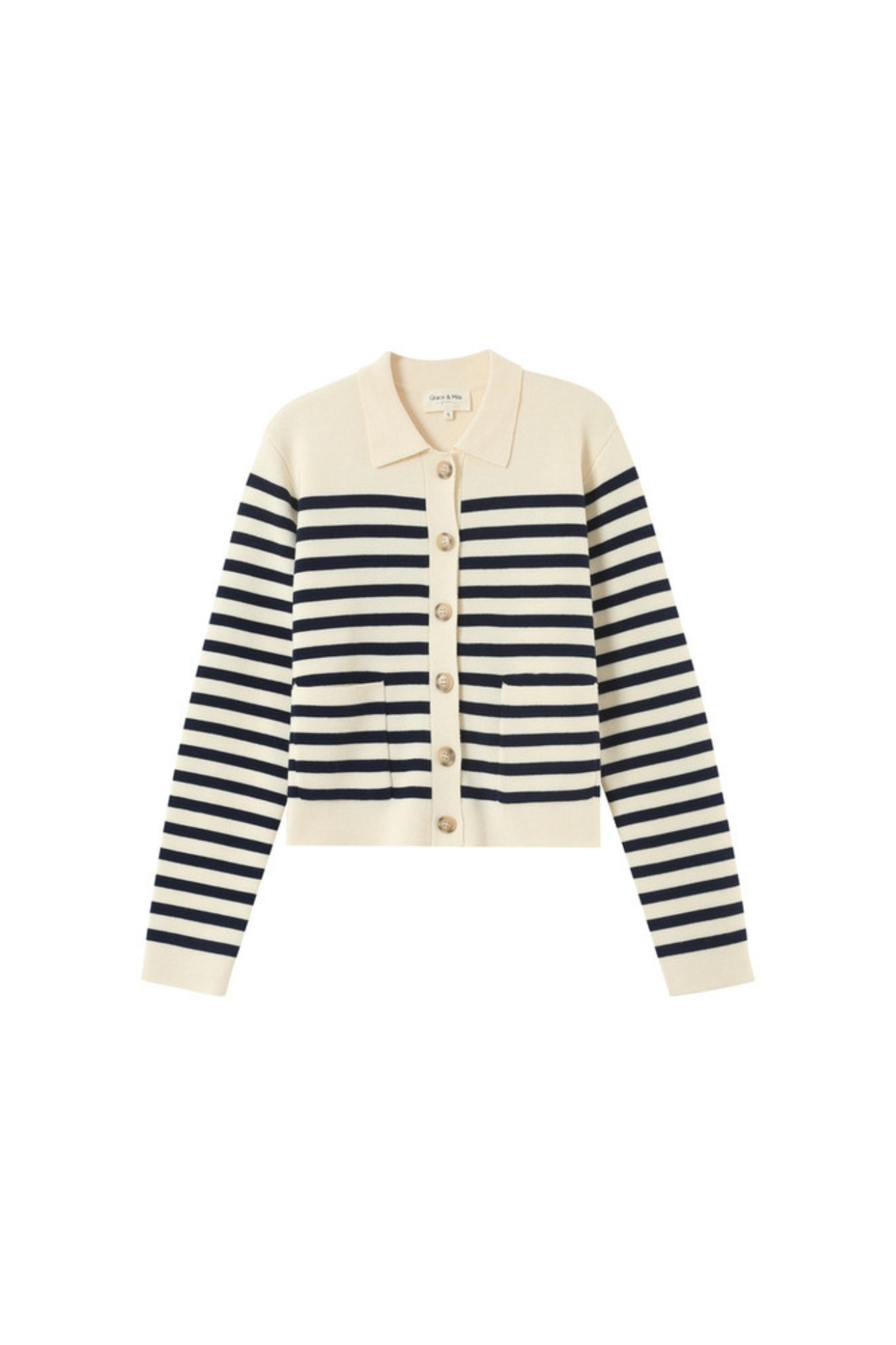 Grace & Mila pam cardigan in marine stripes in ecru and navy. Front flatlay view