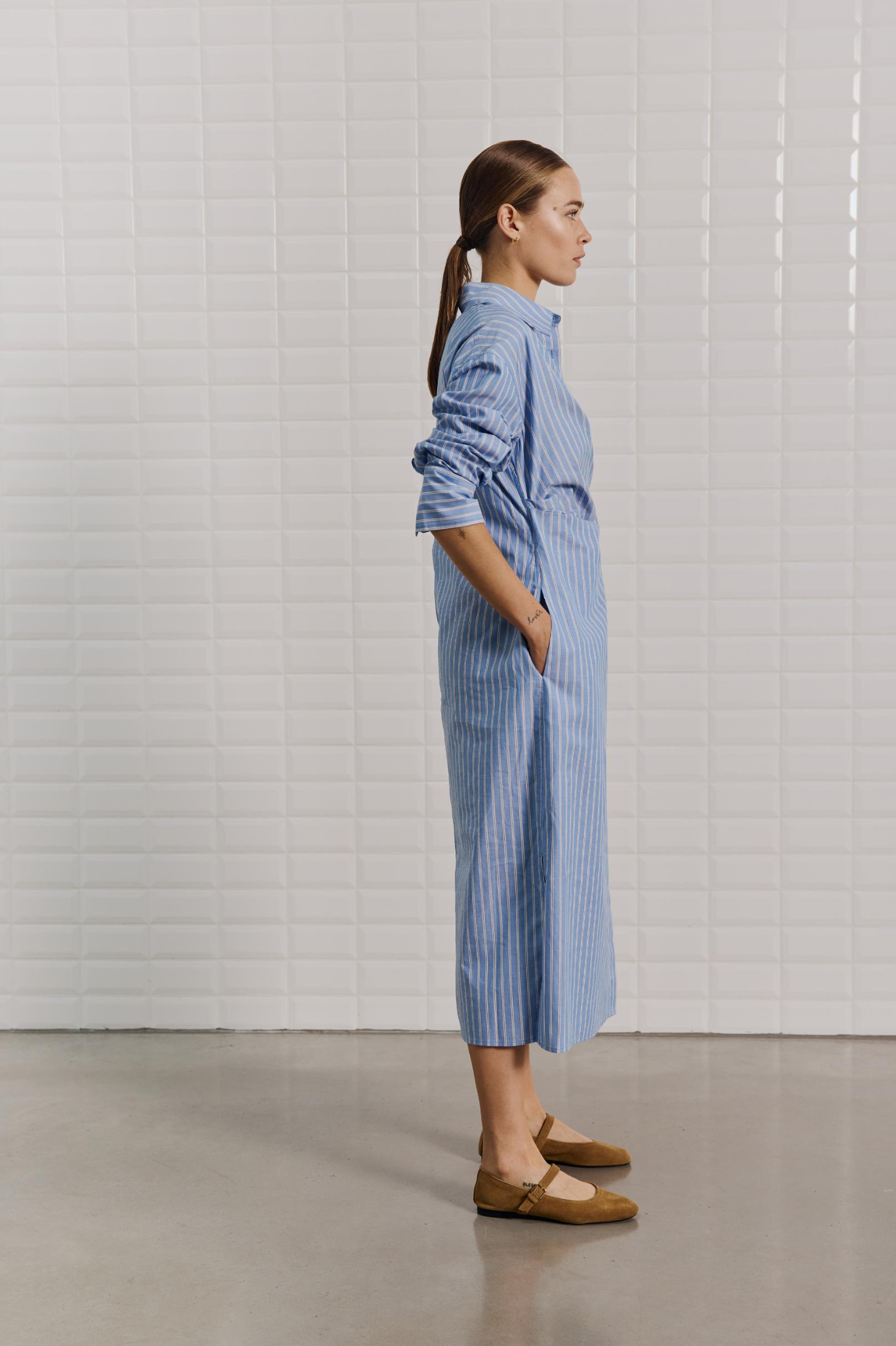 MESA STRIPED LS MIDI DRESS - BLUE/BROWN PINSTRIPE