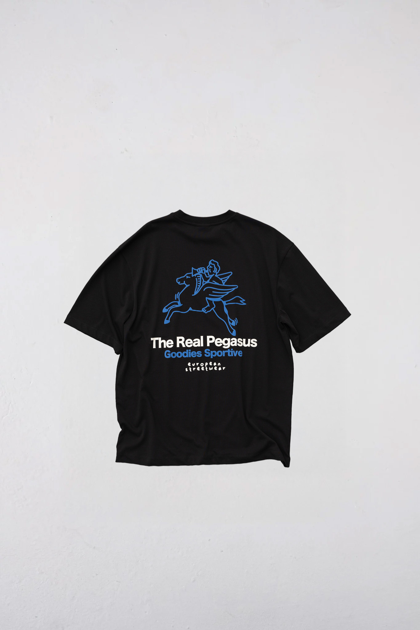 Goodies Sportive real pegasus t-shirt in black and graphic in blue. Back flatlay view