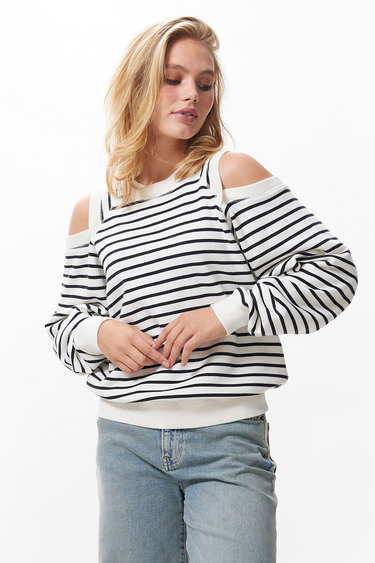 RELAXED OPEN SHOULDER STRIPE SWEATER - BLACK