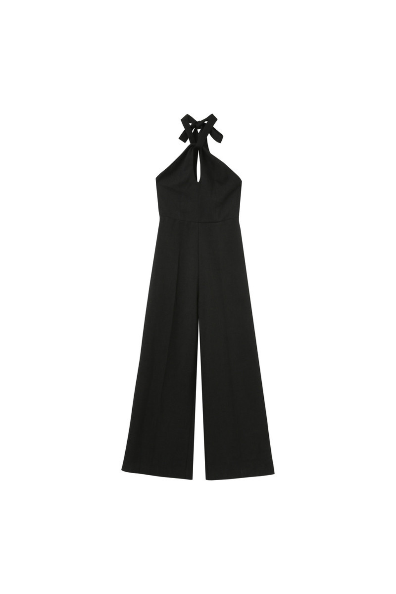 Grace & Mila philomene jumpsuit with open back in black. Front flatlay view