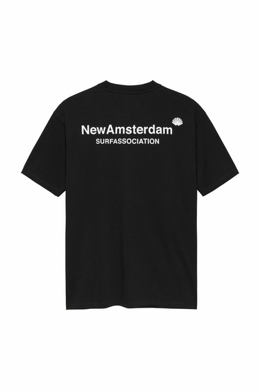 New Amsterdam black logo tee with logo in white. Back flatlay view