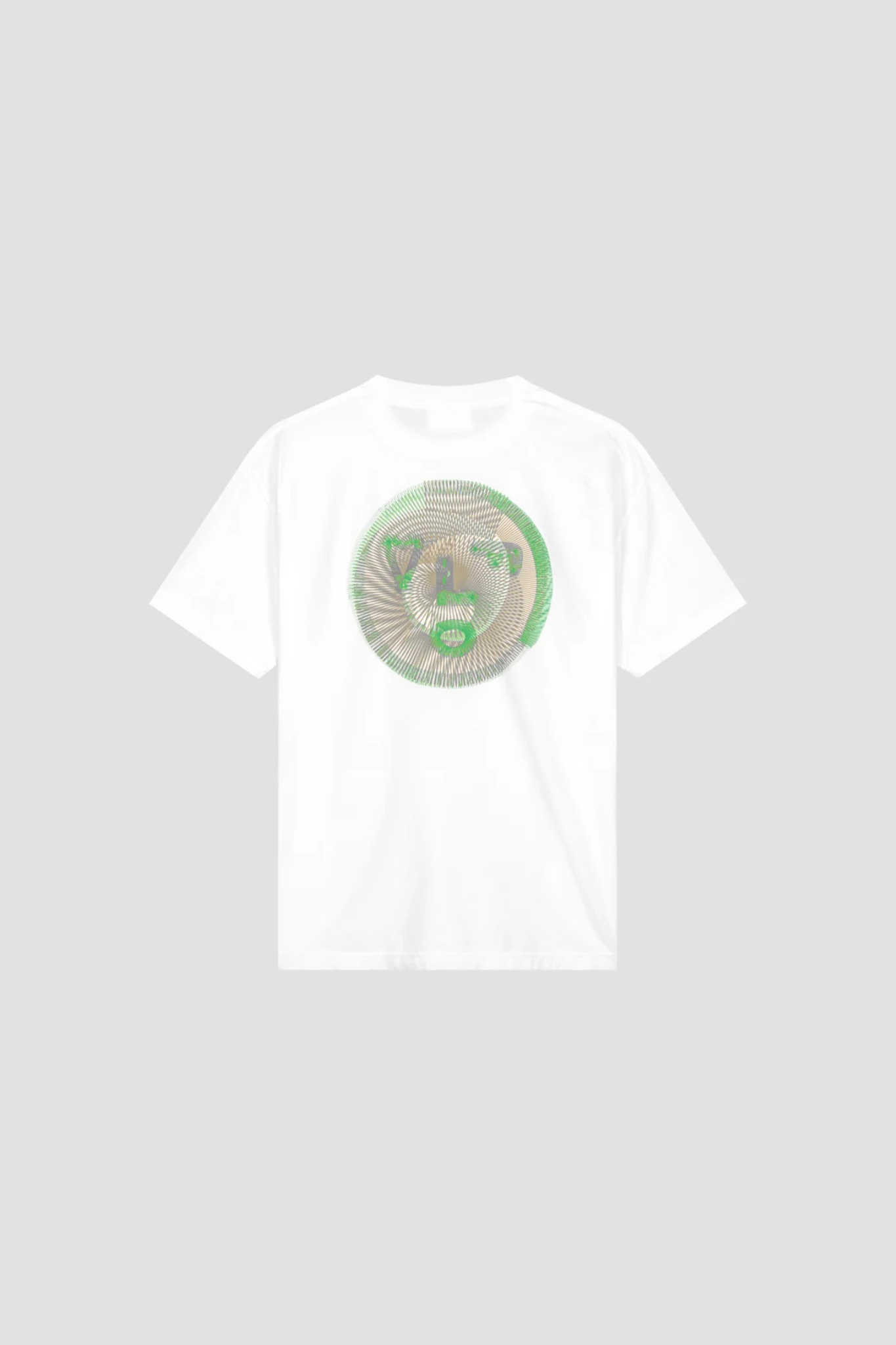 Olaf spiral face t-shirt in white and face in green. Back flatlay view