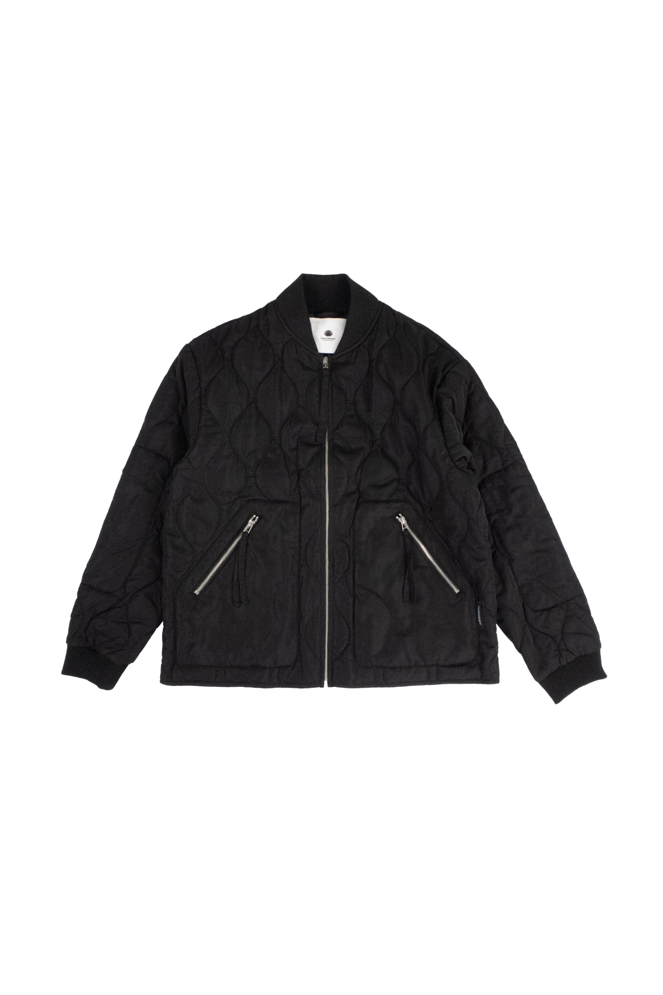 New Amsterdam quilted padded jacket in black. Front flatlay view