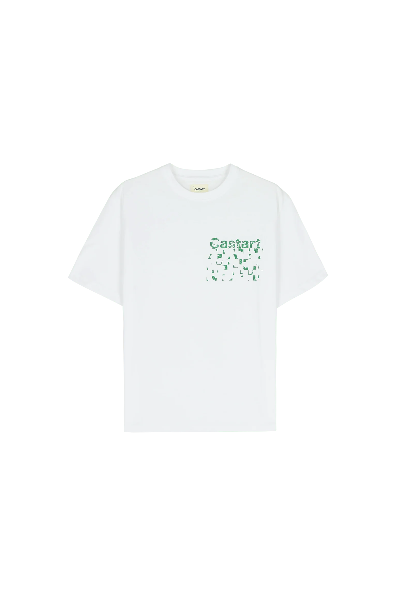 Castart haiku t-shirt in white and graphic in green. Front flatlay view