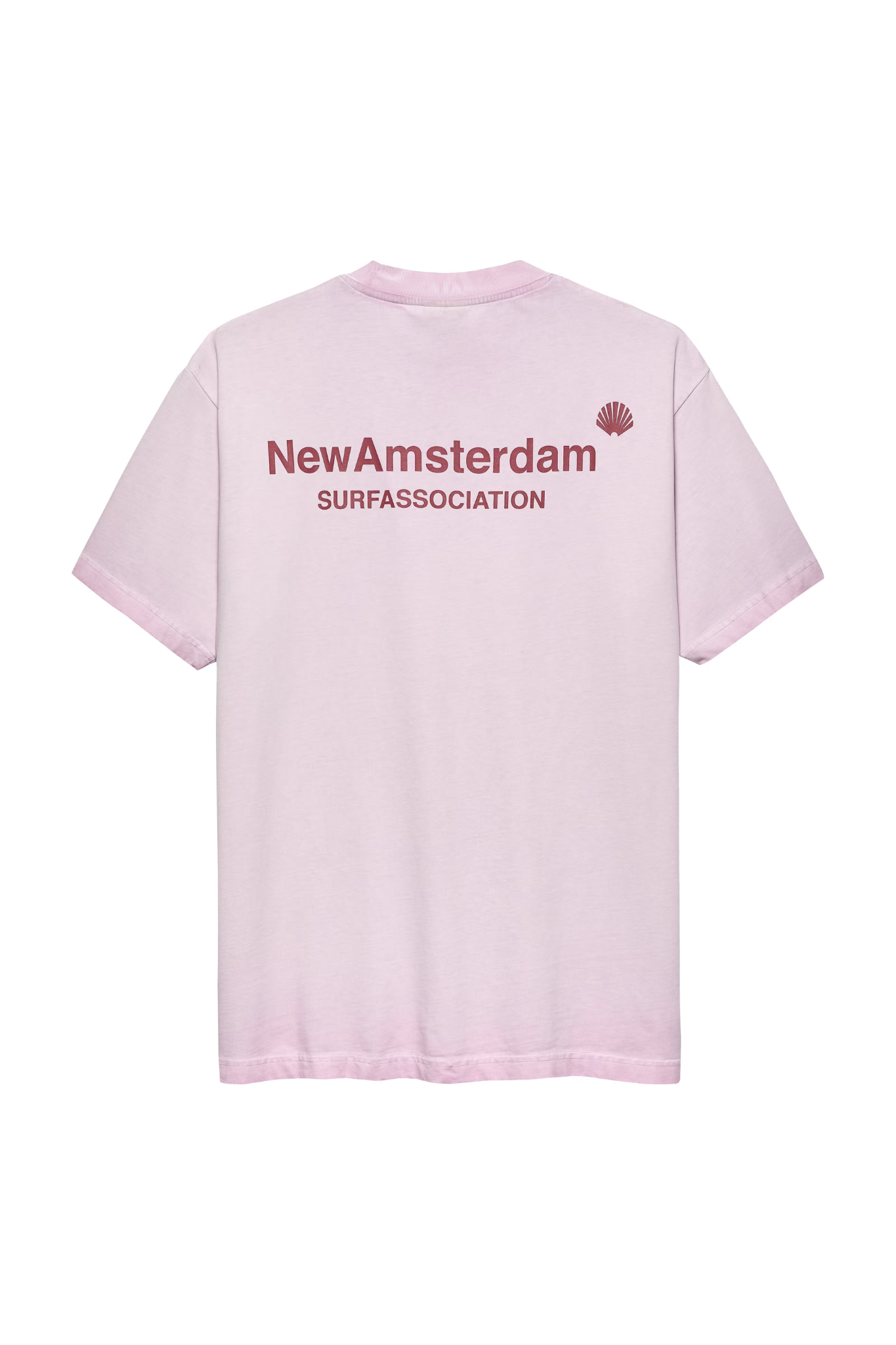 New Amsterdam orchid t-shirt with logo in red. Back flatlay view