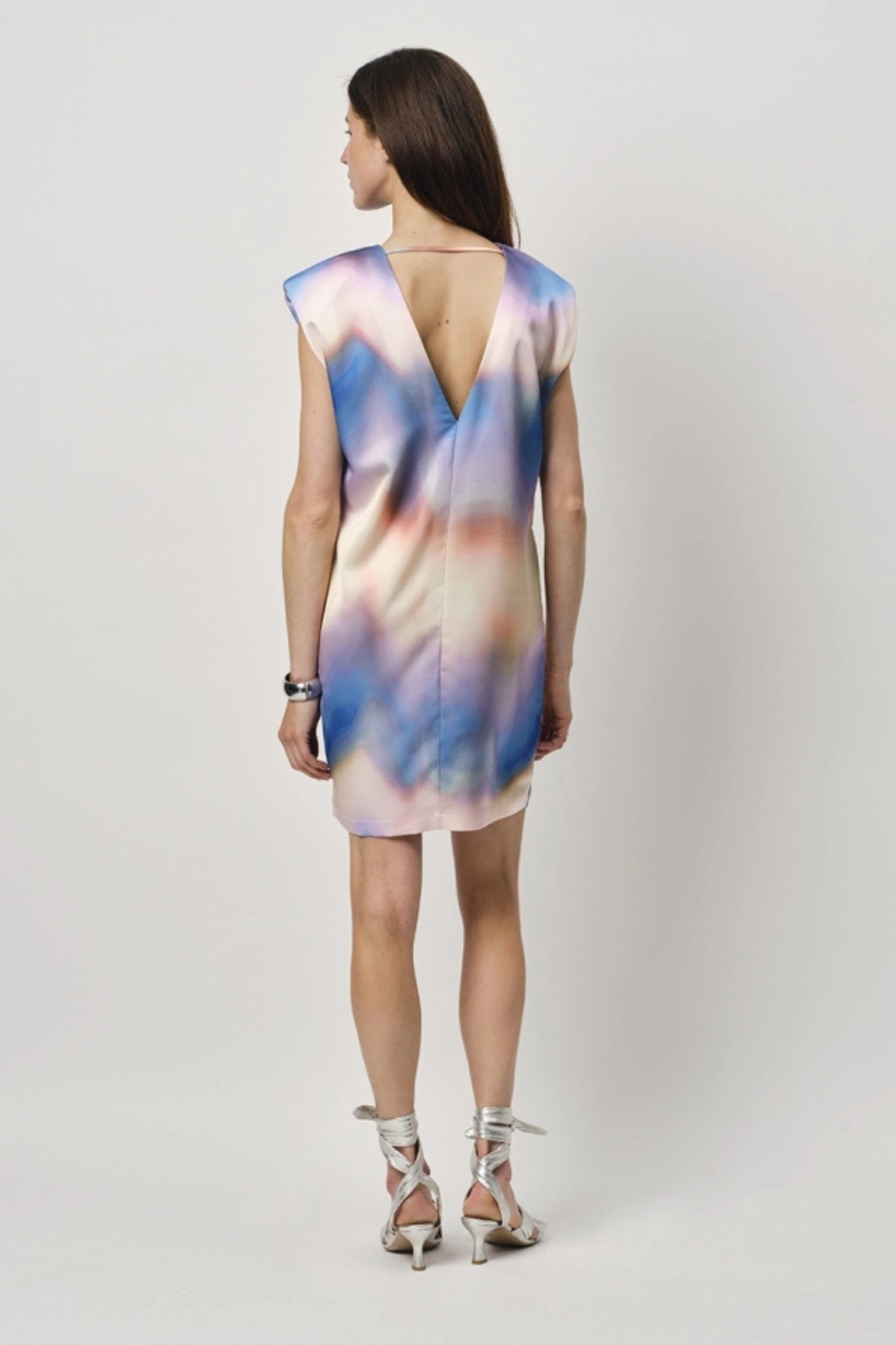 Model wearing the Dante6 peyton printed dress multicolor. Back view