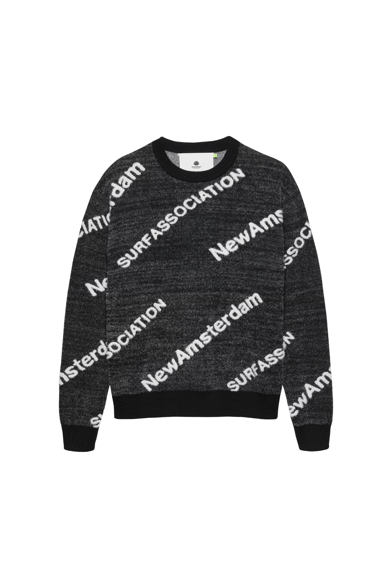 New Amsterdam name knit in black and white. Front flatlay view