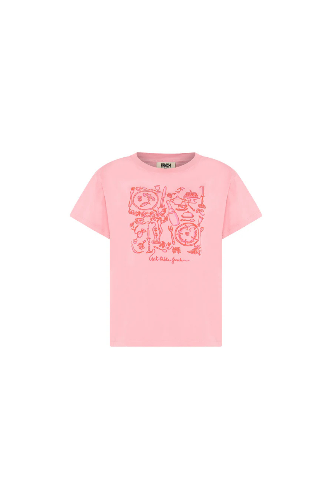 FRNCH ipheion t-shirt in pink and graphic in red. Front flatlay view