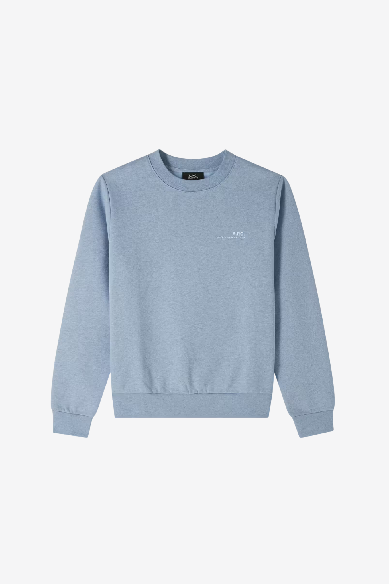 APC overdye sweatshirt in light blue with logo in ecru. Front flatlay view