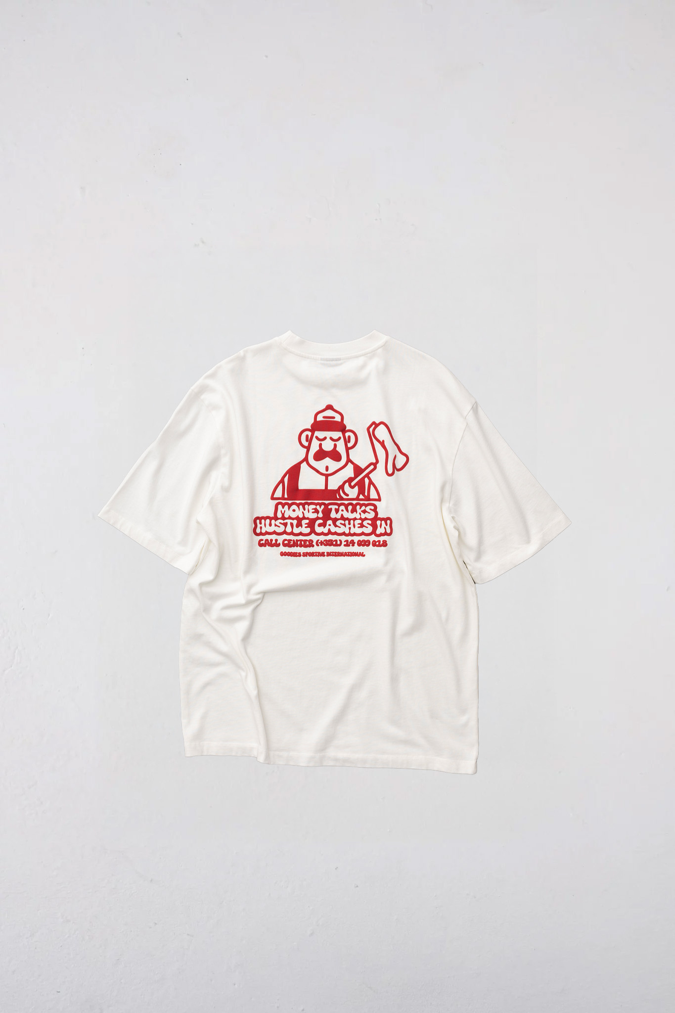 Goodies Sportive money talks t-shirt in white and graphic in red. Back flatlay view