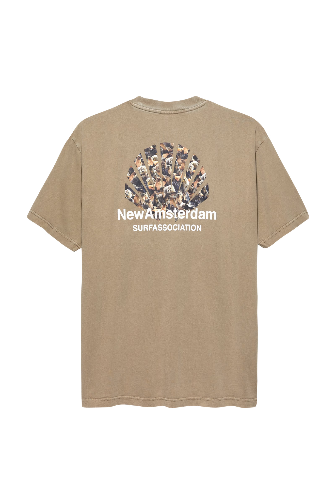 New Amsterdam seal beige t-shirt with logo in white. Back flatlay view