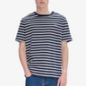 Model wearing the blue and white striped APC t-shirt. Front view