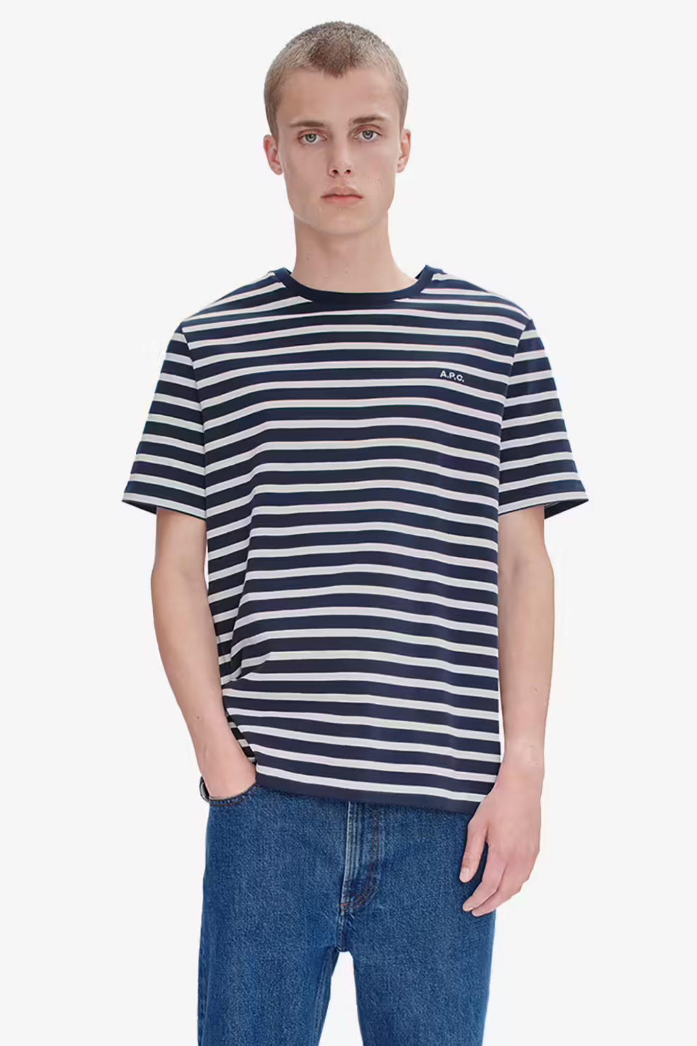 Model wearing the blue and white striped APC t-shirt. Front view