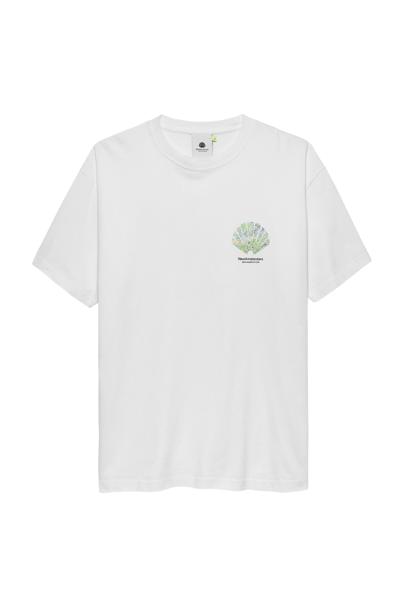 New Amsterdam white tall grass t-shirt with photo on the back and logo in black. Front flatlay view