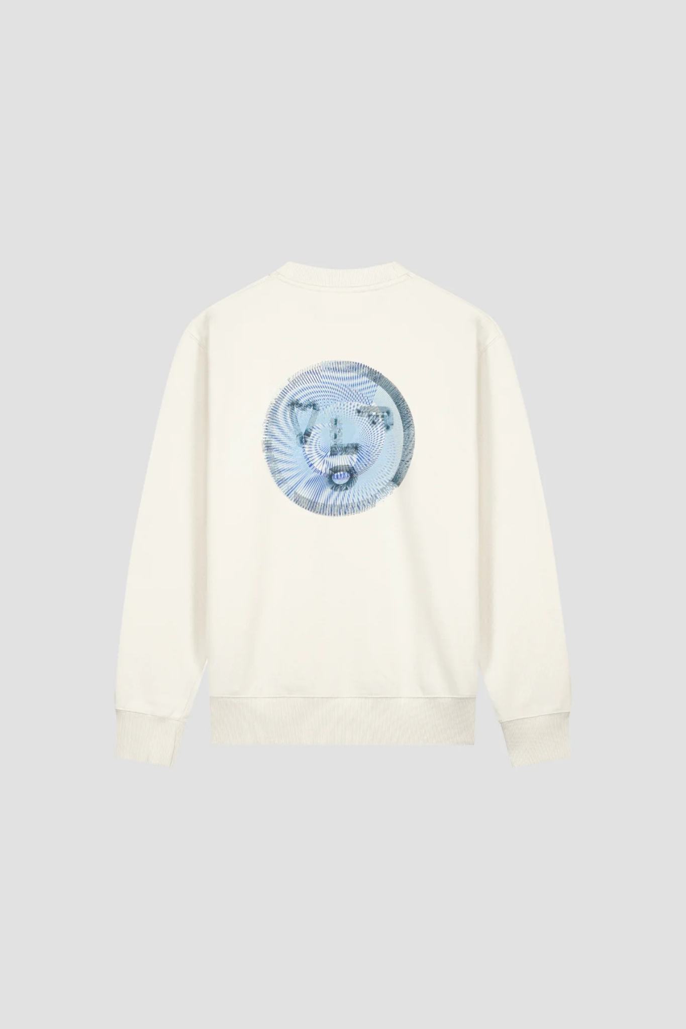 Olaf spiral face crewneck sweater in white and face in blue. Back flatlay view