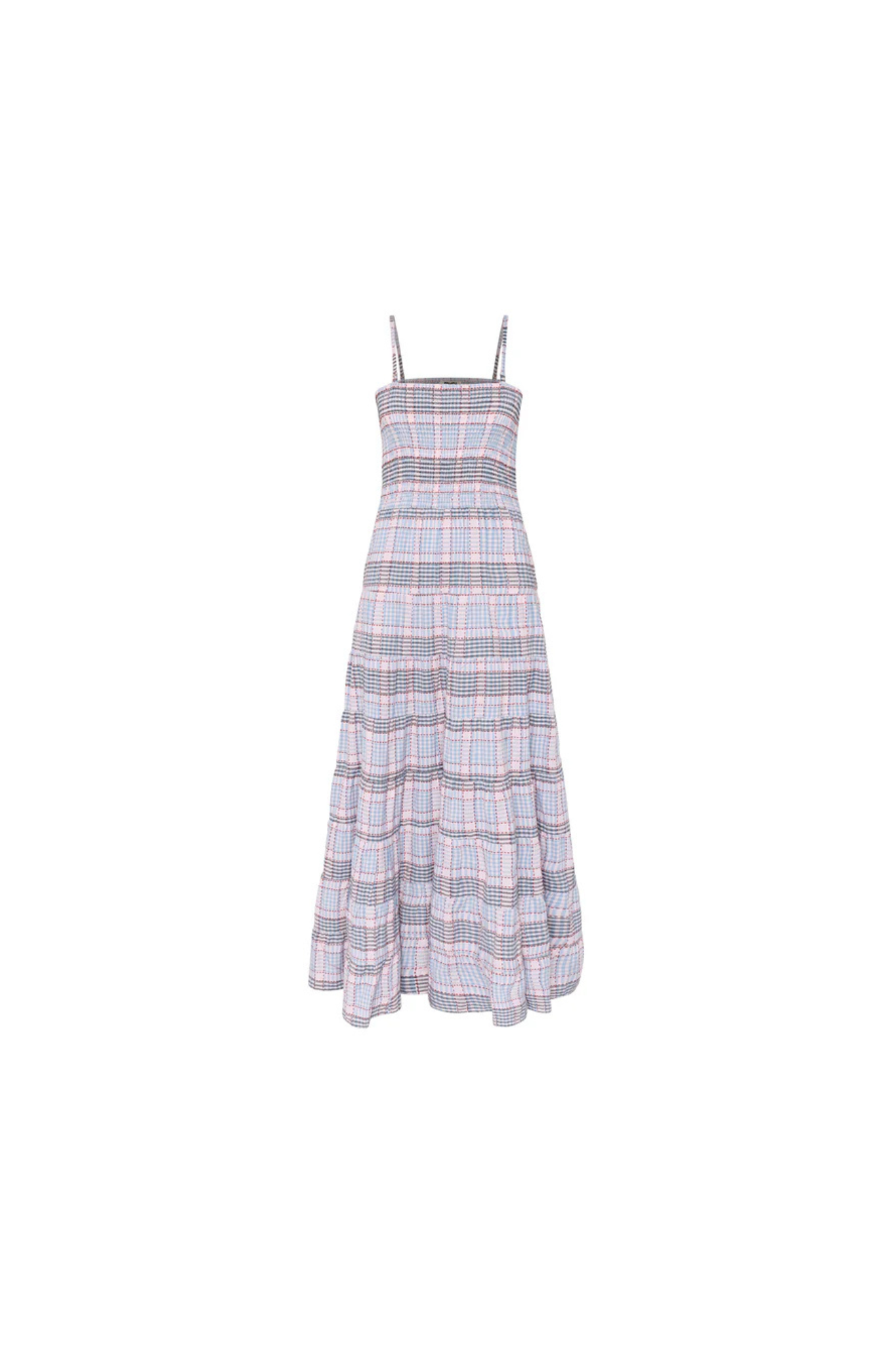 FRNCH dalel dress in light blue checked. Front flatlay view