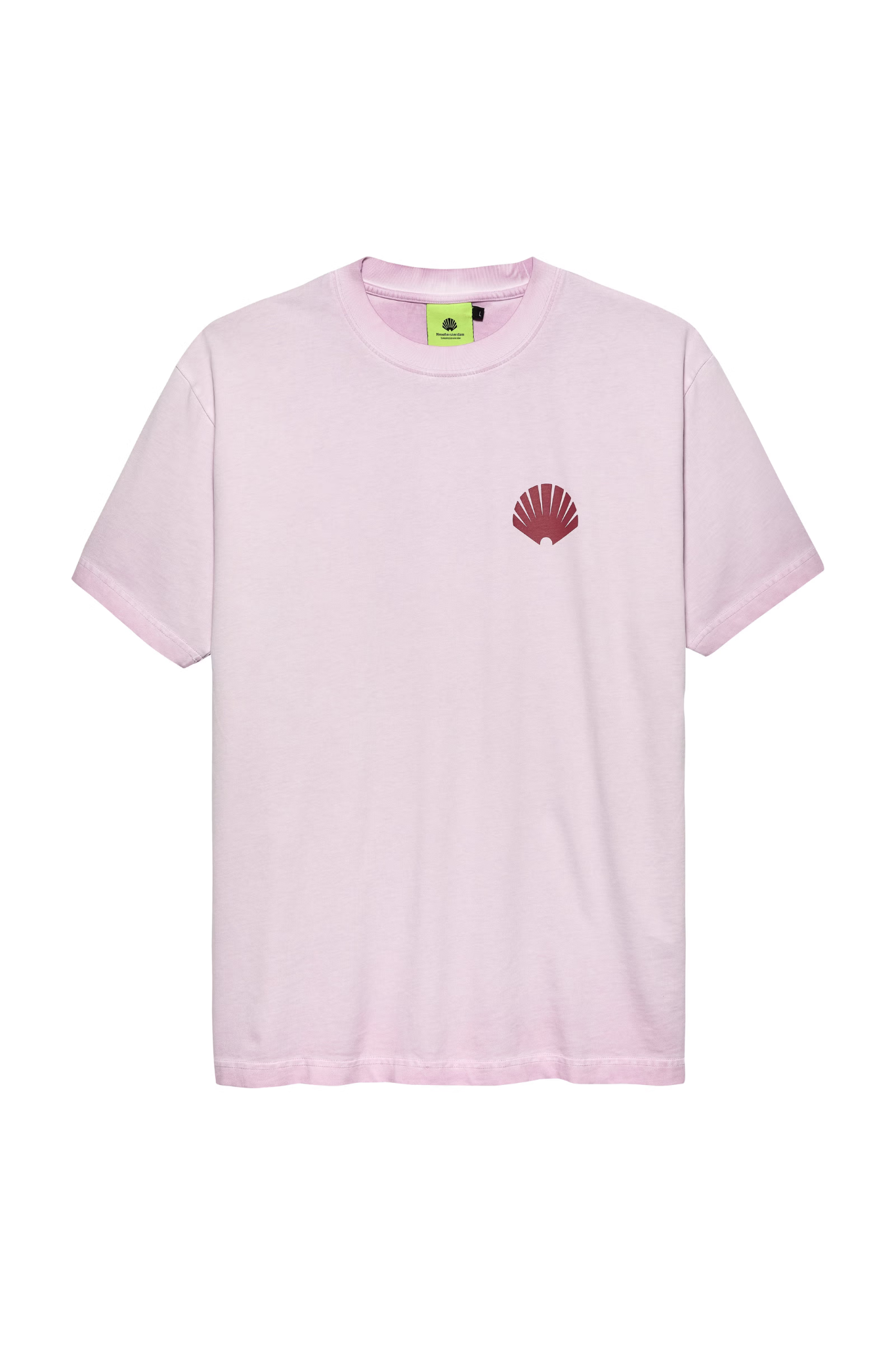 New Amsterdam orchid t-shirt with logo in red. Front flatlay view