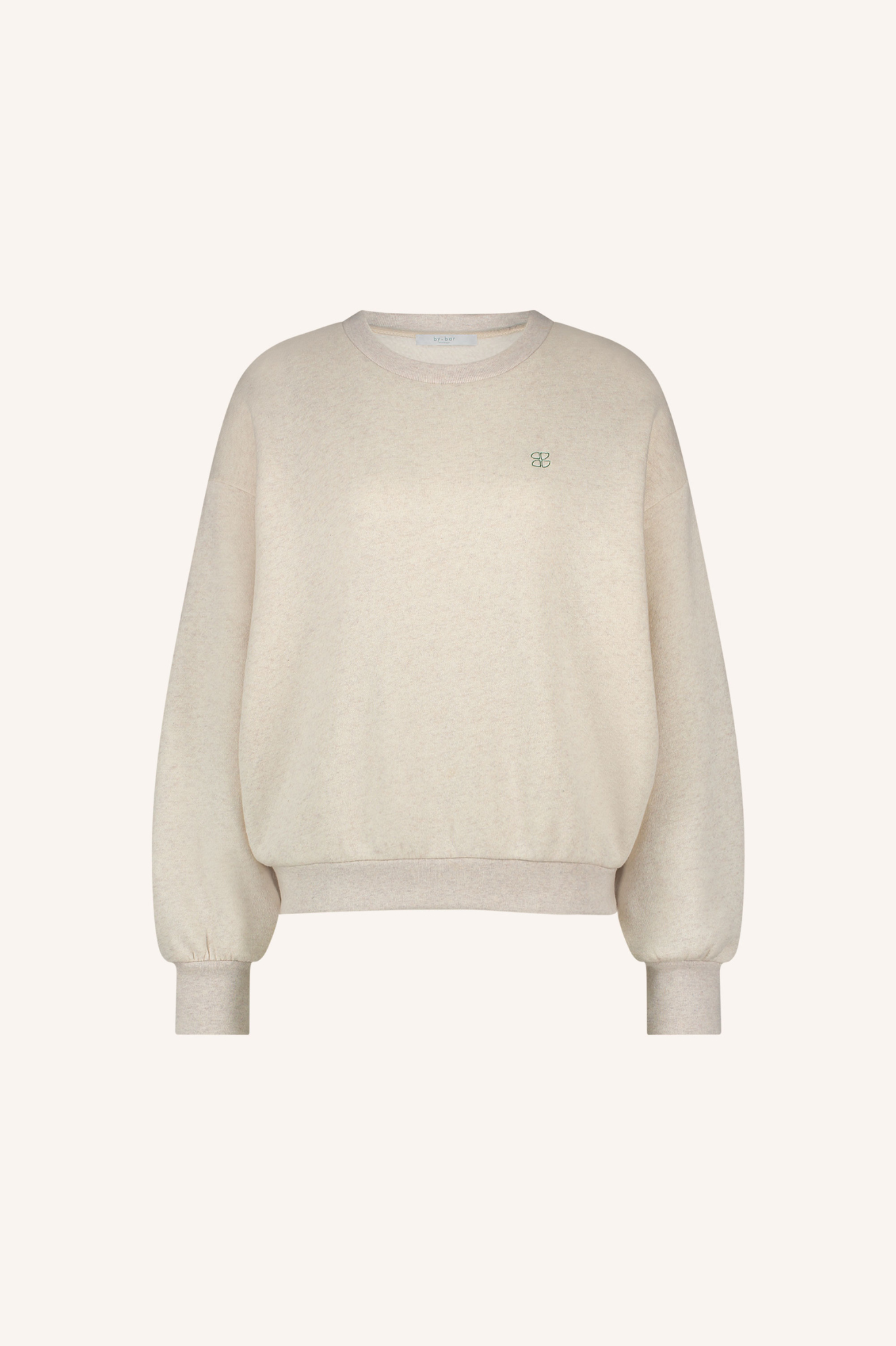 By-Bar bibi disco sweater in beige with letters in green. Front flatlay view