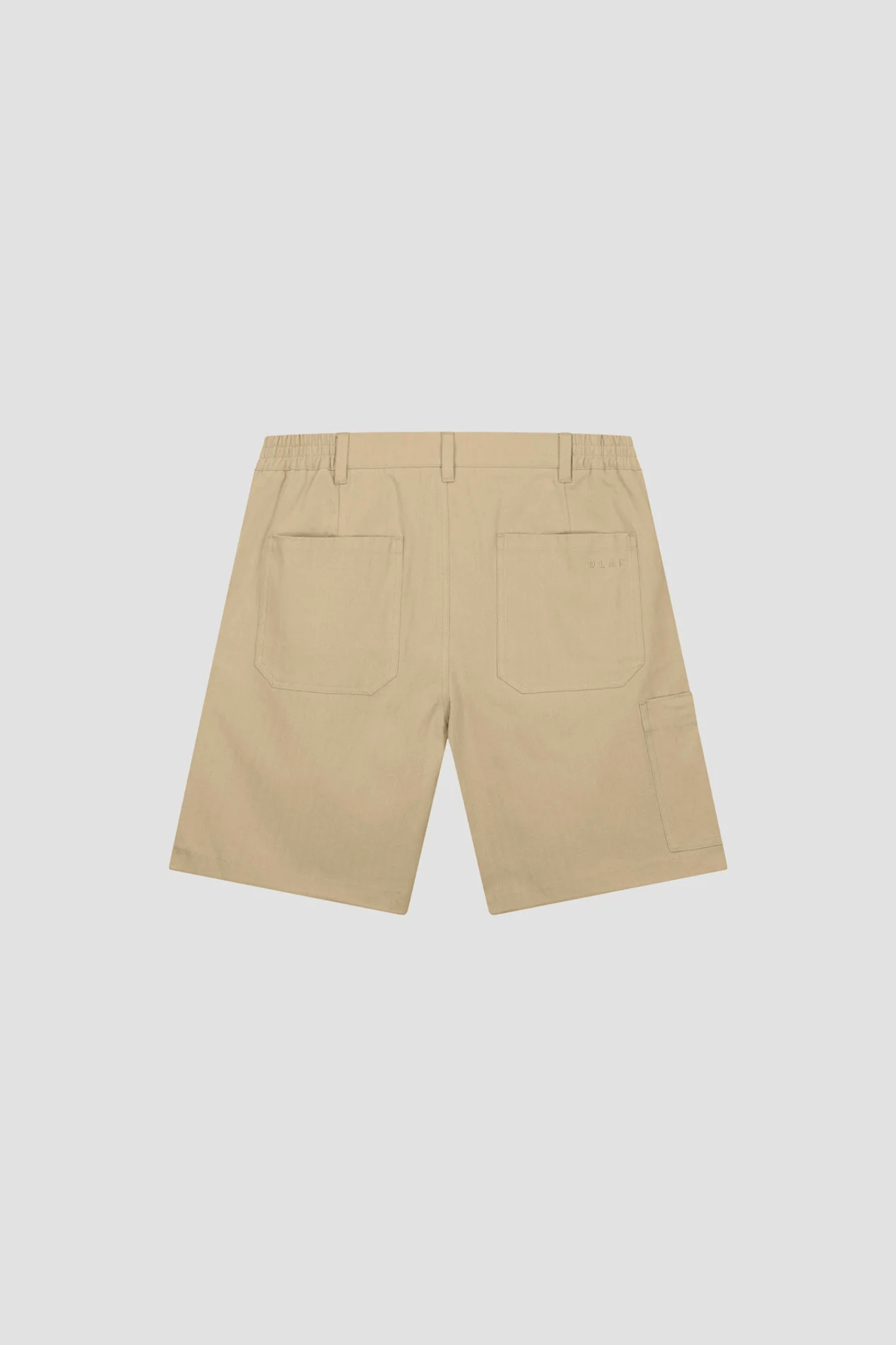 Olaf utility workwear shorts in beige khaki. Back flatlay view