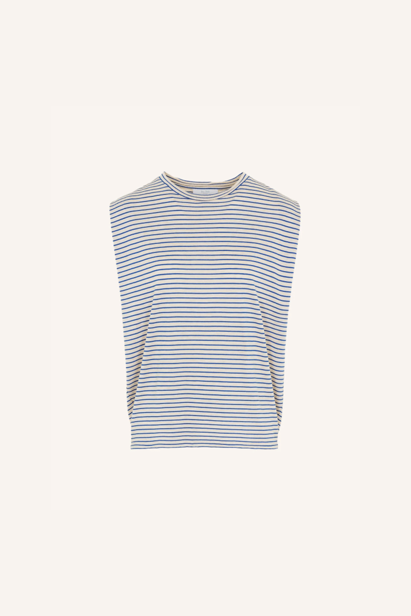 By-Bar diede small stripe top in white and blue striped. Front flatlay view