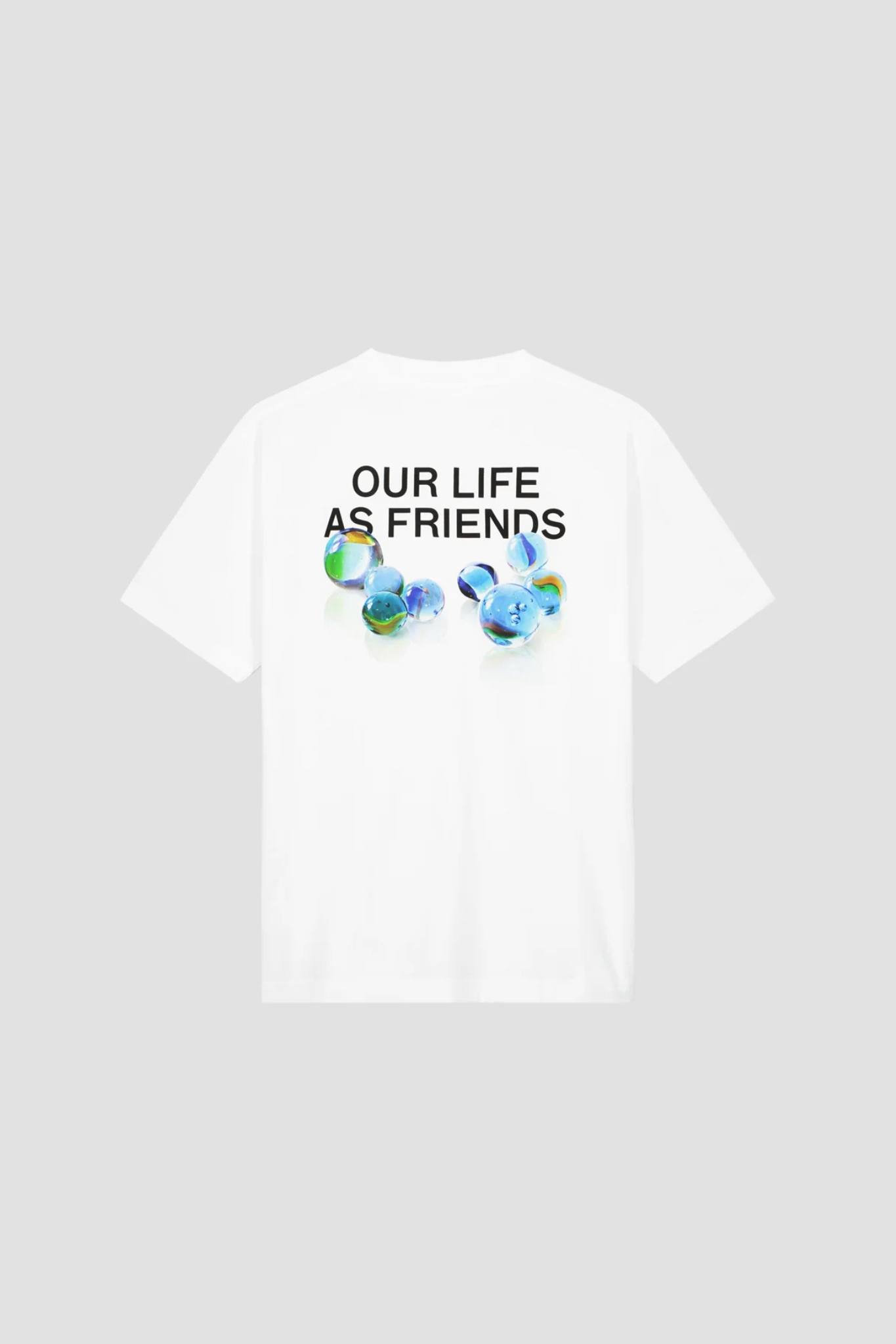 Olaf marbles t-shirt in white and graphic in blue. Back flatlay view