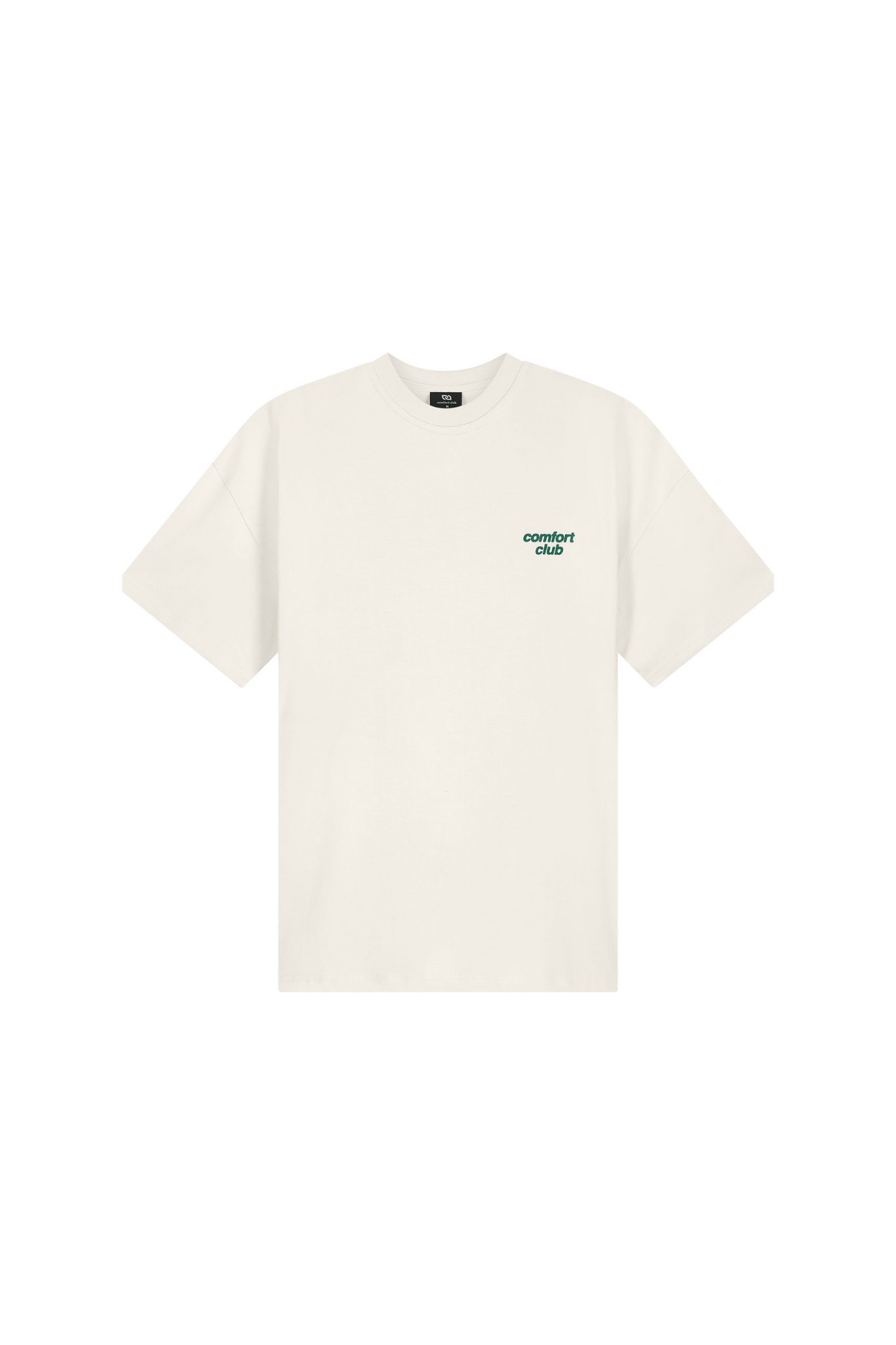 Comfort Club typha t-shirt in off white and logo in green. Front flatlay view