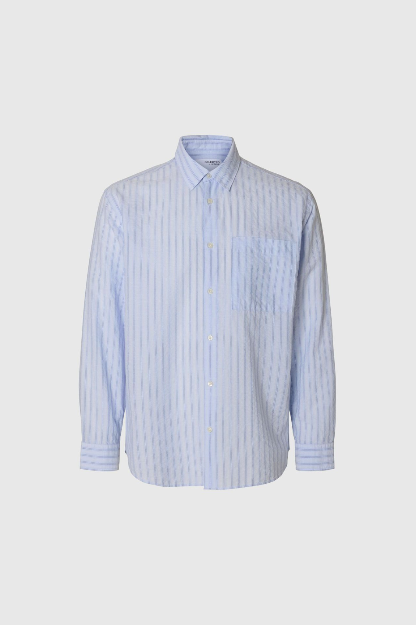 Selected Homme relax wilfred seersucker shirt in blue stripe. Front flatlay view