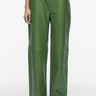 Model wearing the Rouge Edit green leather pants. Front view