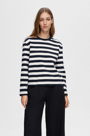 SLFESSENTIAL LS STRIPED BOXY T-SHIRT - DARK SAPPHIRE/BRIGHT WHITE