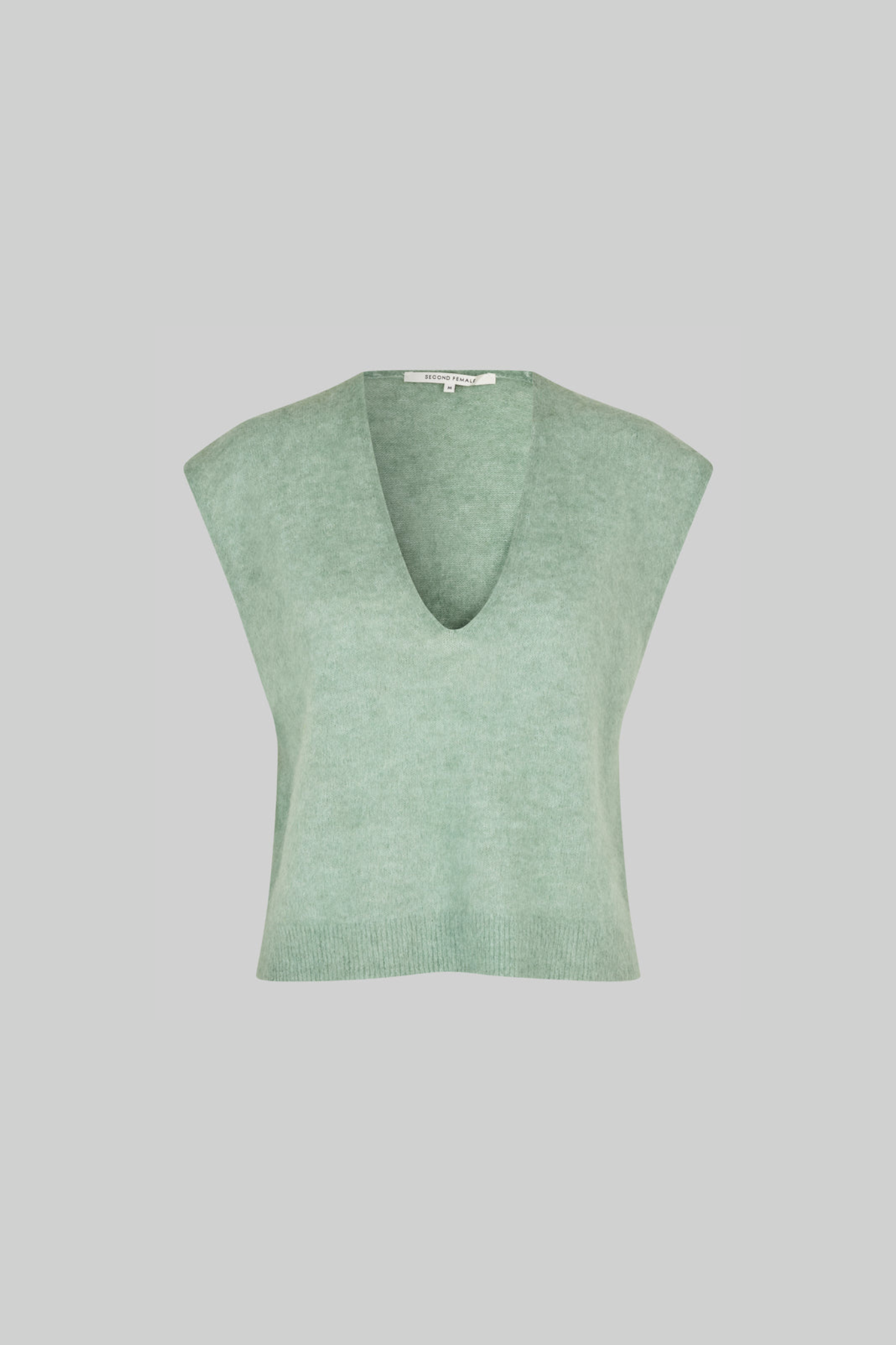 Second Female camryn knit vest in green. Front flatlay view