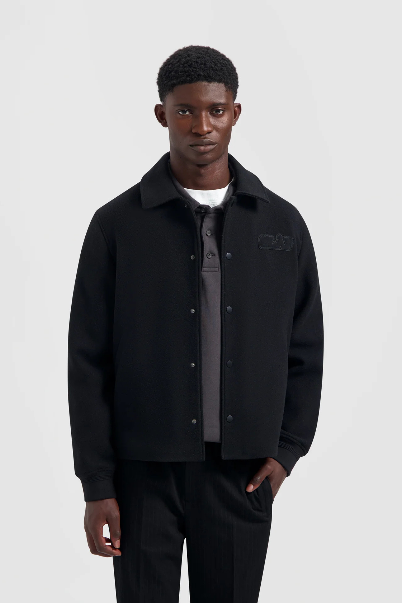 WOOL VARSITY COACH JACKET - BLACK