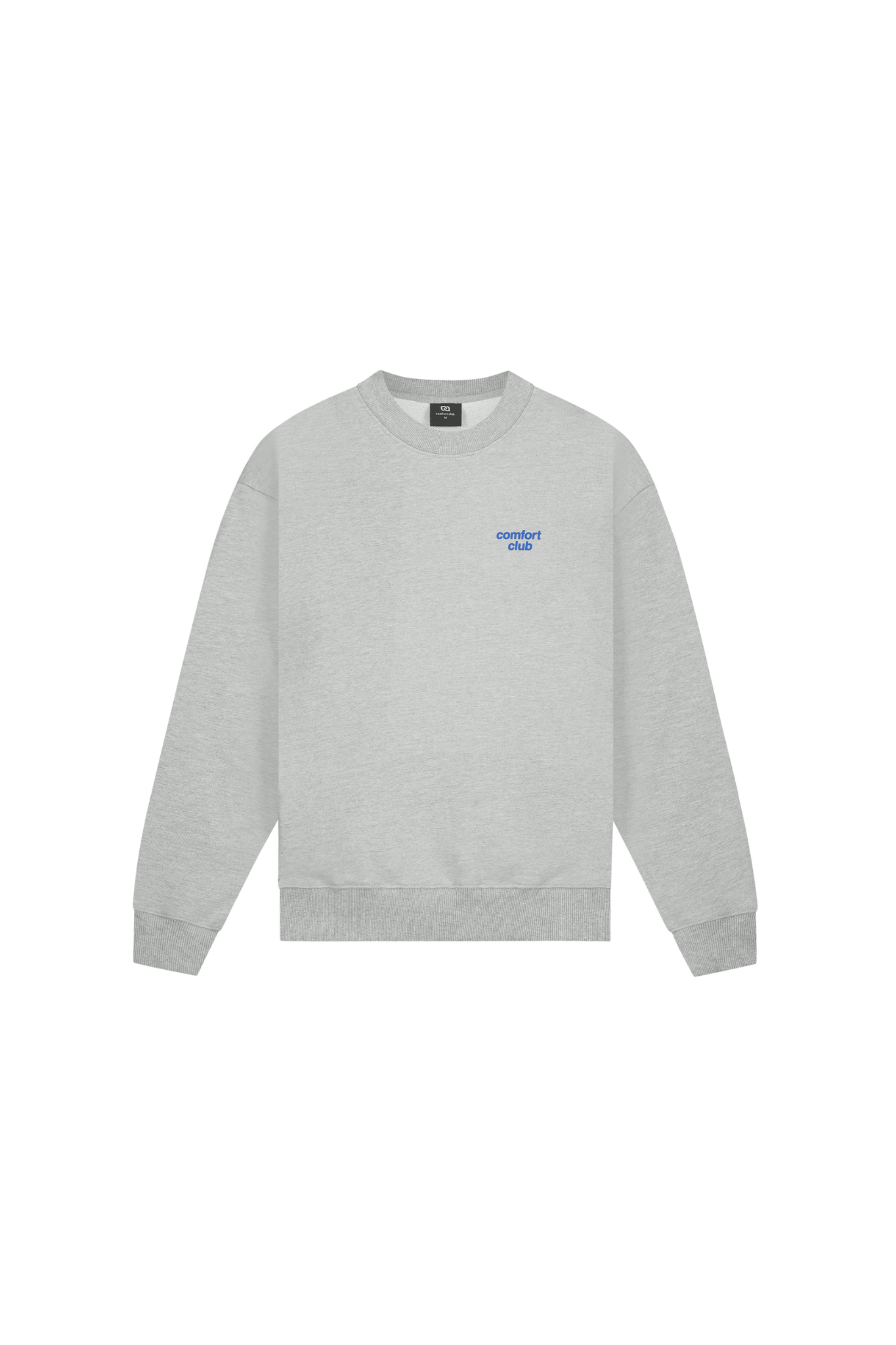 Comfort Club seeding crewneck in light grey melange with graphic in blue and green. Front flatlay view