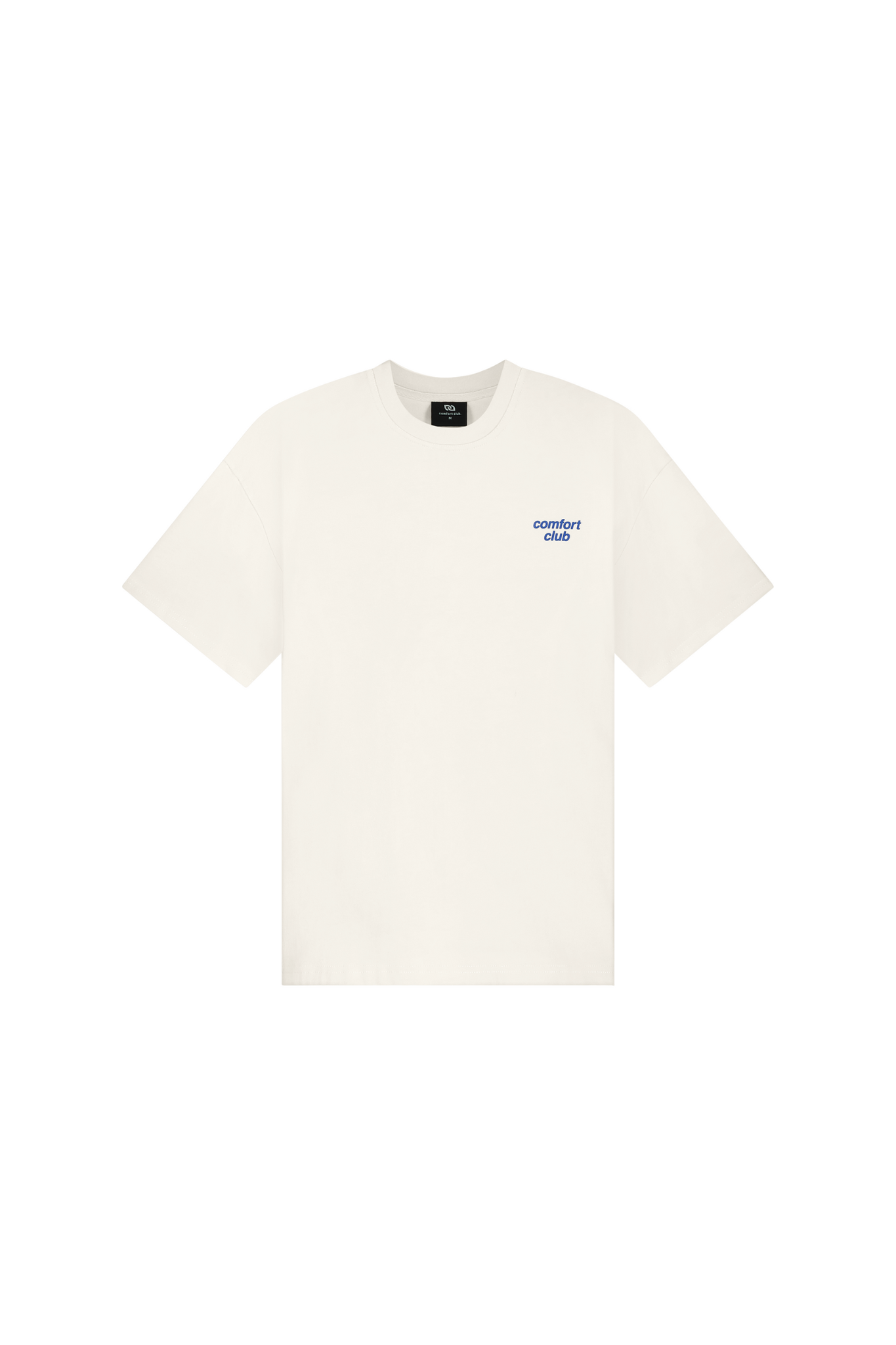 Comfort Club hedera t-shirt in white and logo in blue. Front flatlay view