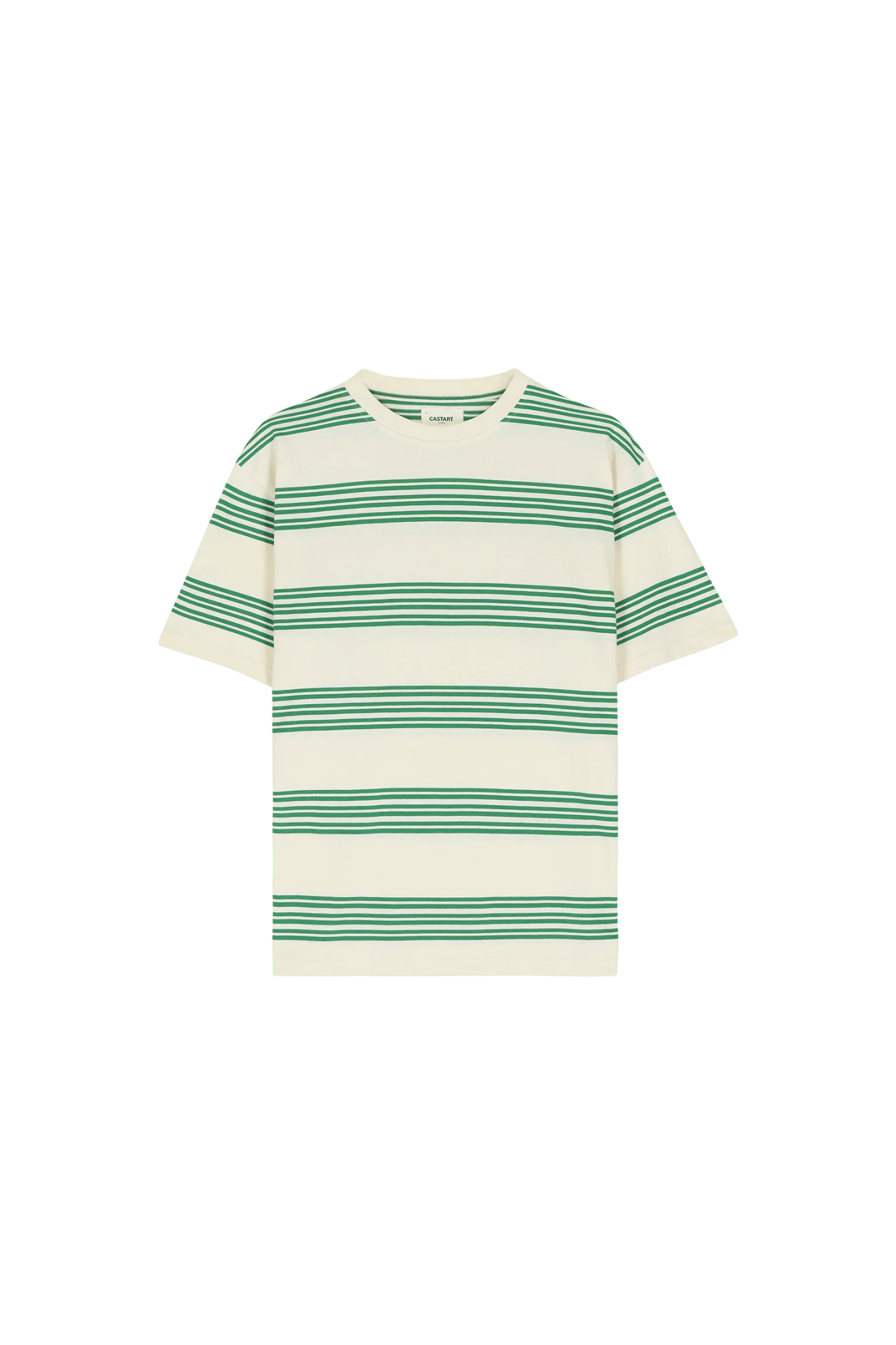 Model wearing the Castart haruto striped t-shirt in green and ecru. Front flatlay view