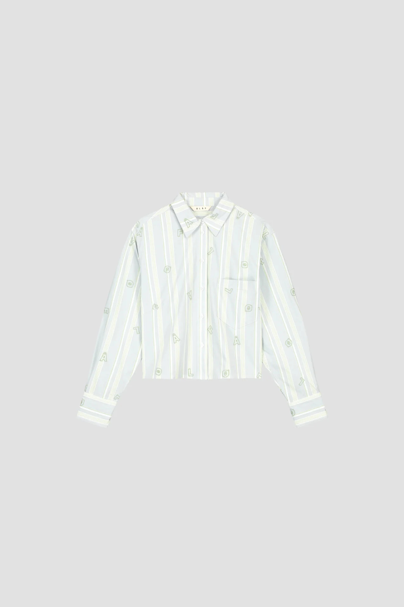 Olaf embro logo stripe cropped shirt in green and blue. Front flatlay view