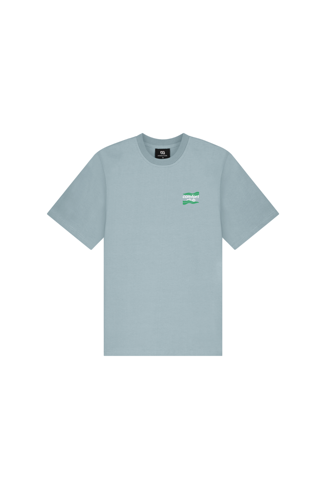 Comfort Club algea t-shirt in azure blue and logo in green and white. Front flatlay view