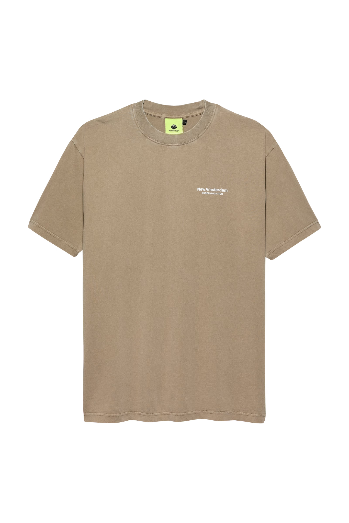 New Amsterdam seal beige t-shirt with logo in white. Front flatlay view