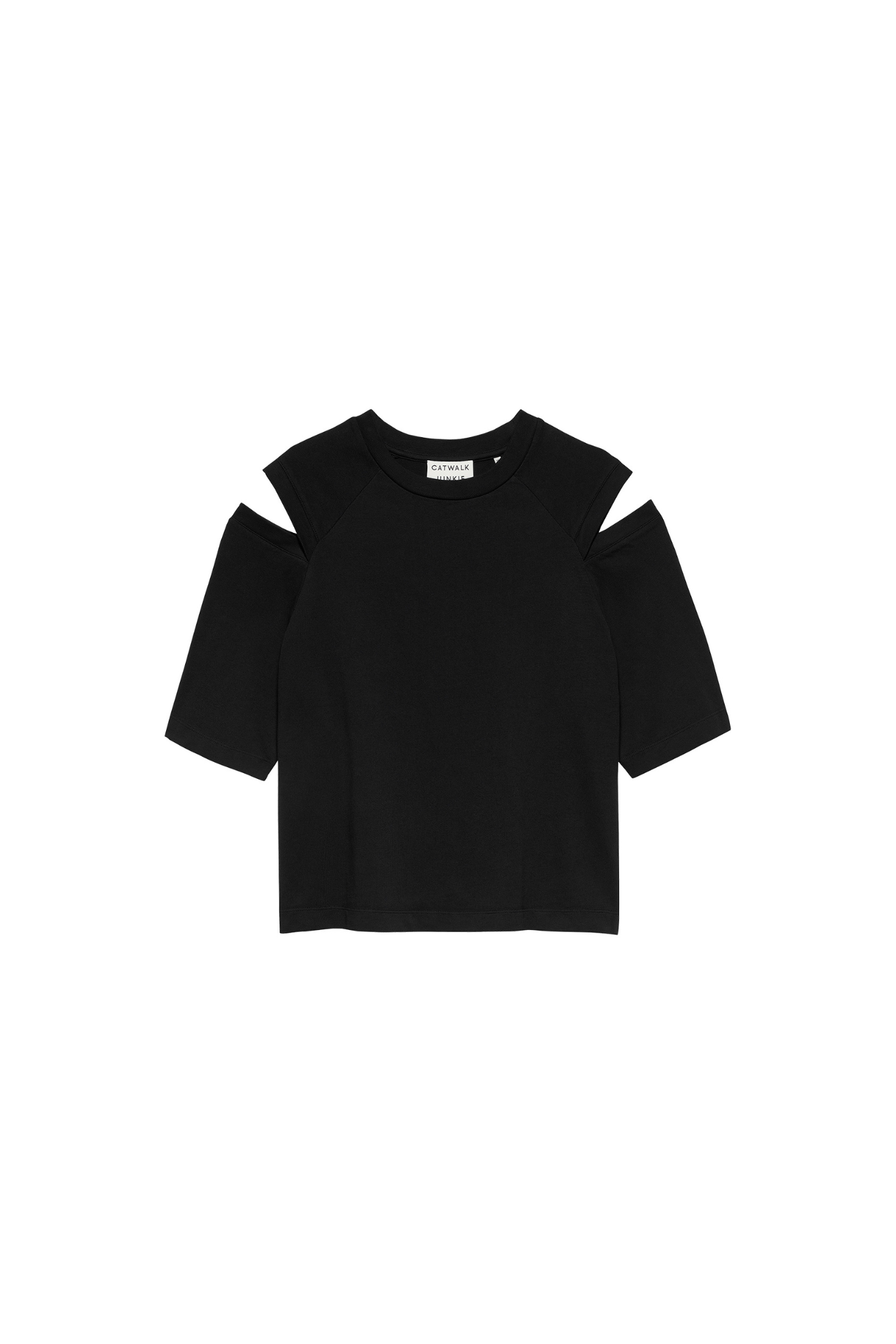 Catwalk Junkie loose fit open shoulders t-shirt in black. Front flatlay view