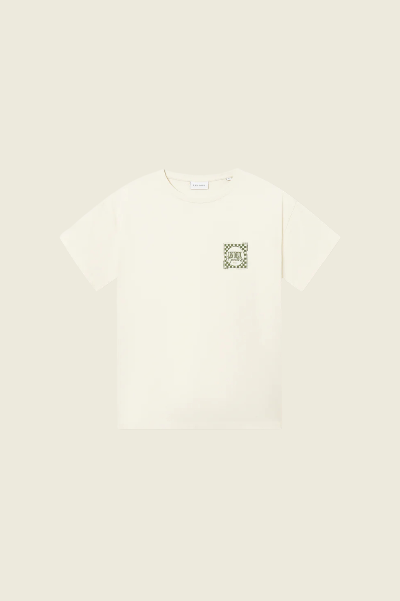 Les Deux goods t-shirt in ivory and green. Front flatlay view