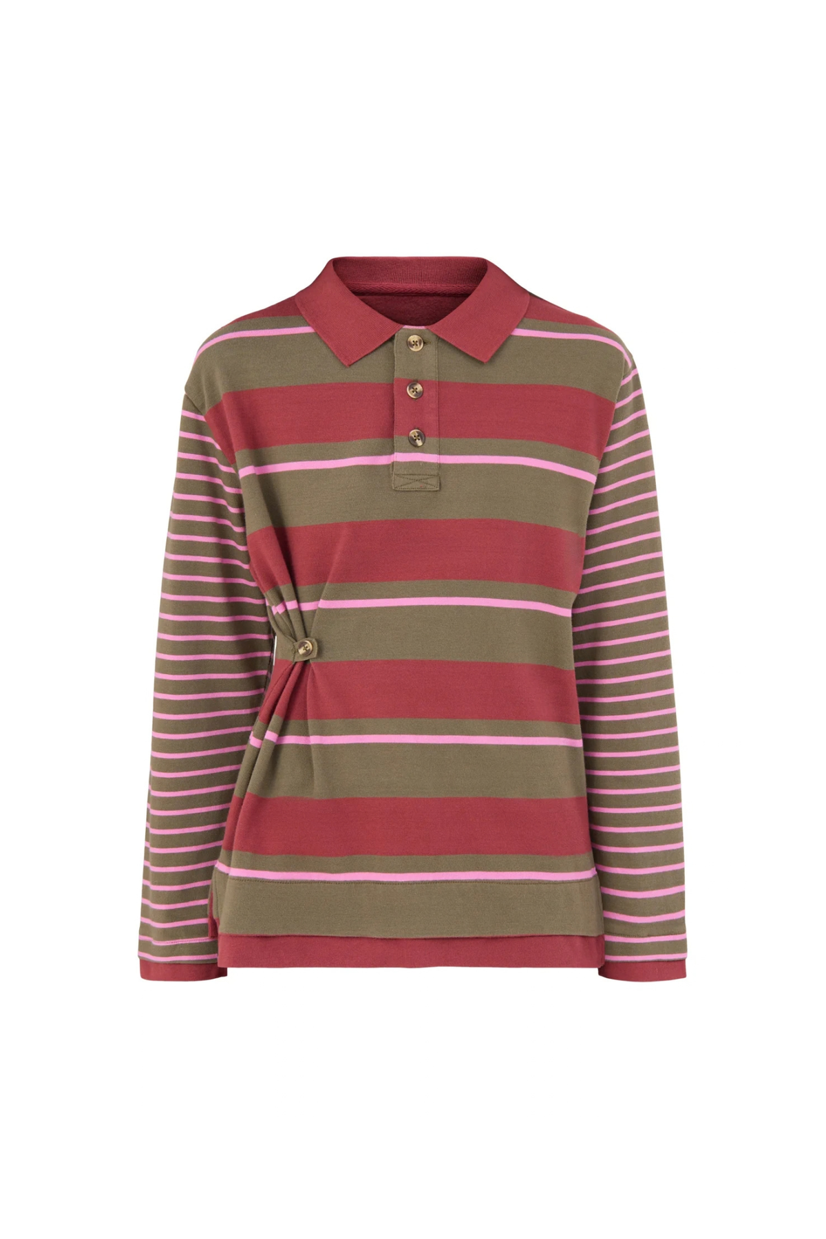 NOAH CINCH RUGBY SHIRT - OLIVE/PINK STRIPE