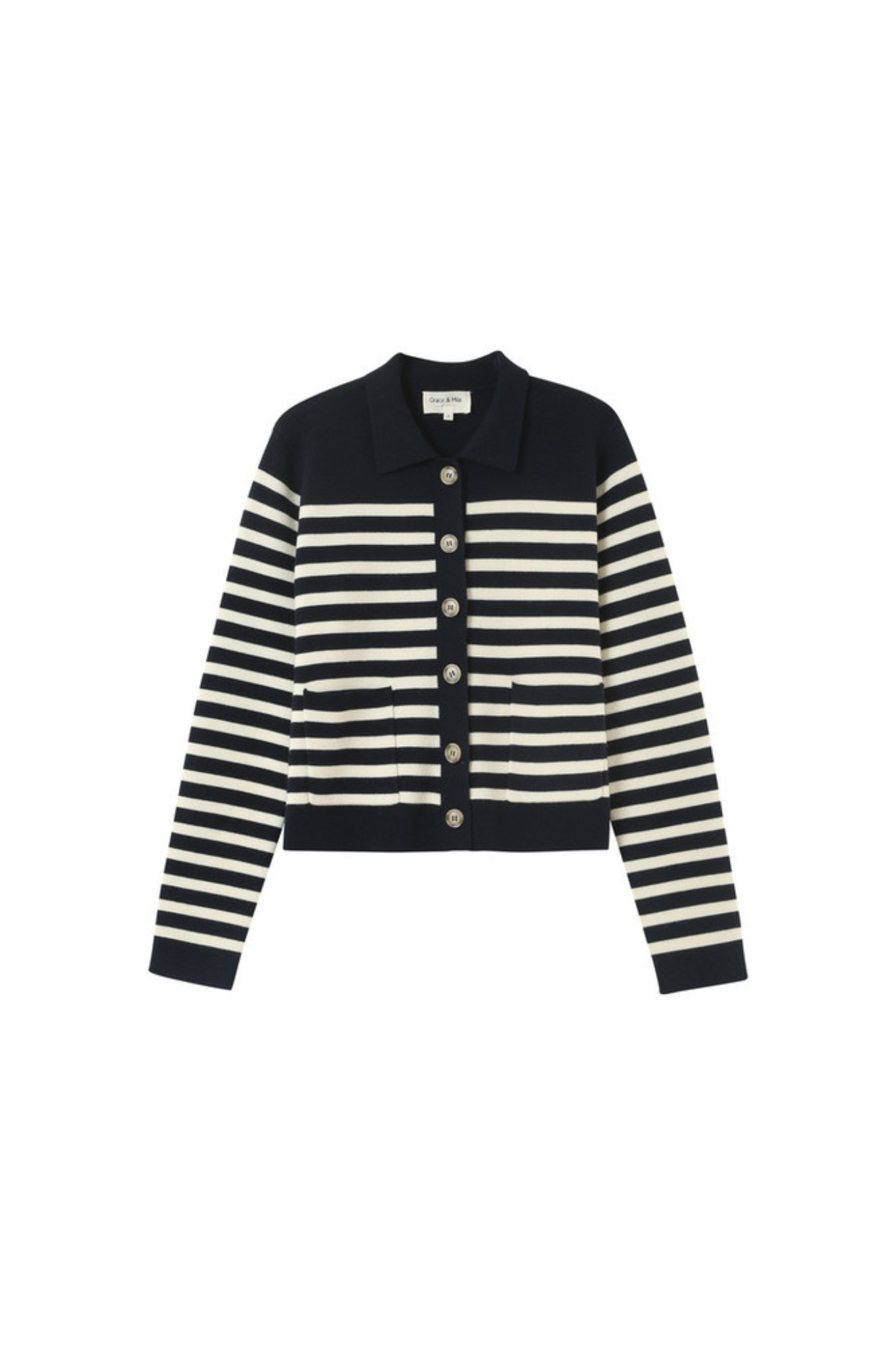 Grace & Mila pam cardigan in marine stripes in black and white. Front flatlay view