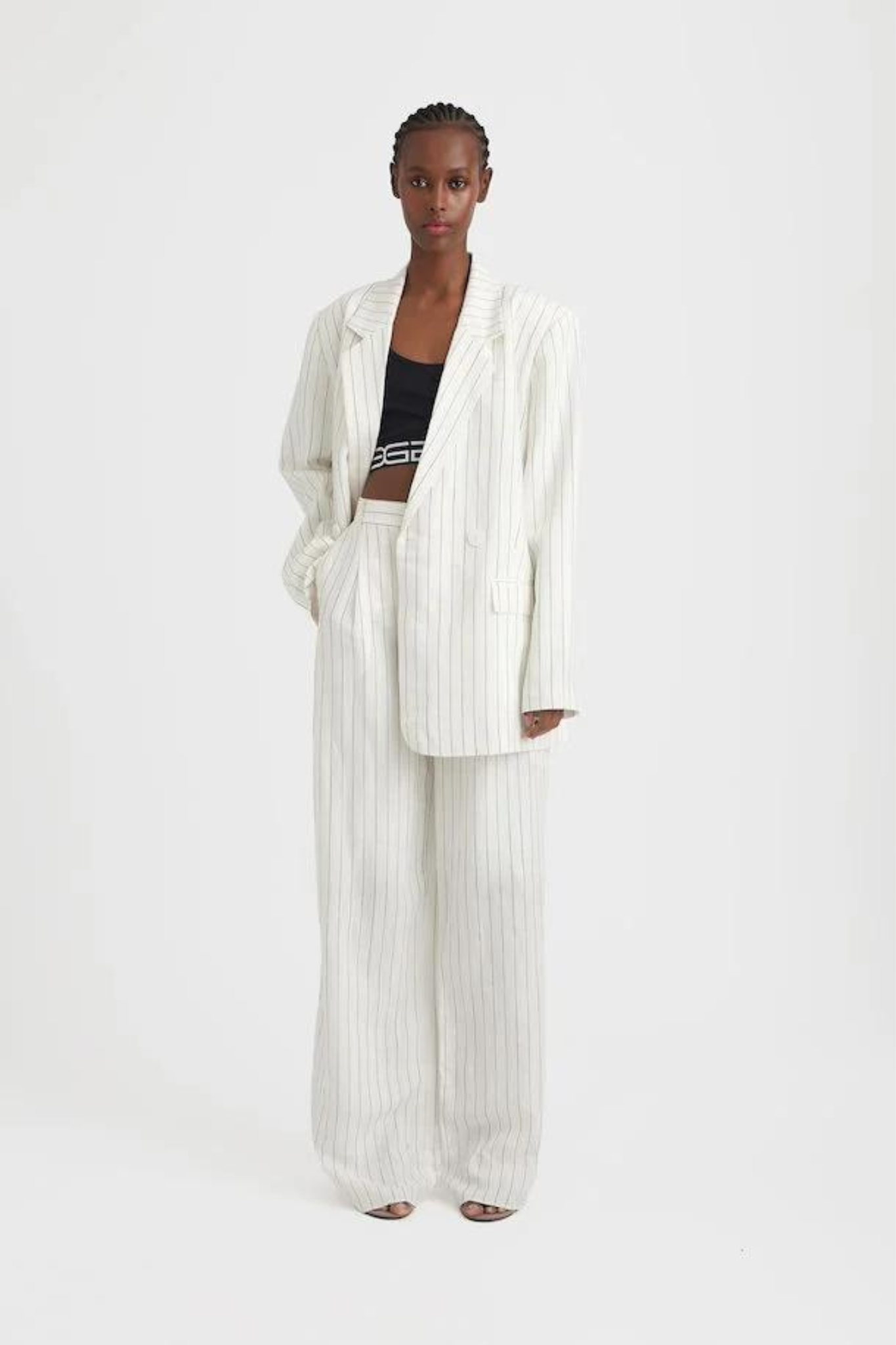 LIZAGZ LINEN PINSTRIPE BLAZER - EGRET LINEN PINSTRIPE