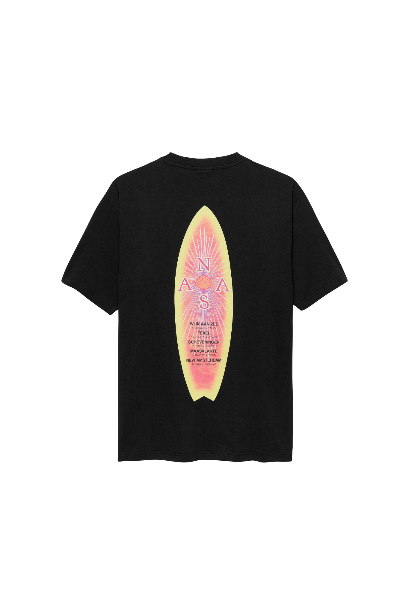 New Amsterdam surfboard t-shirt in black and graphic in red and yellow. Back flatlay view