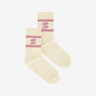 By-Bar white logo socks with logo in pink.