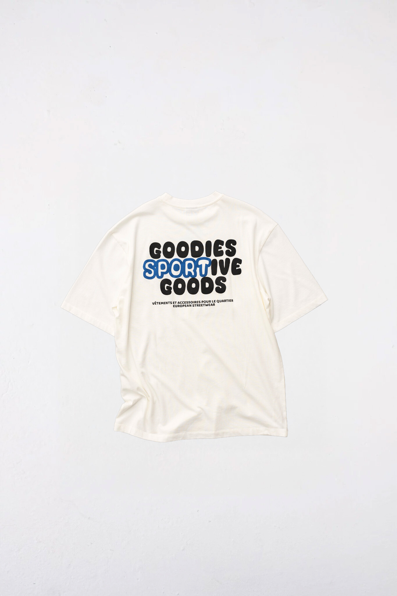 Goodies Sportive goods t-shirt in white and graphic in black and blue. Back flatlay view