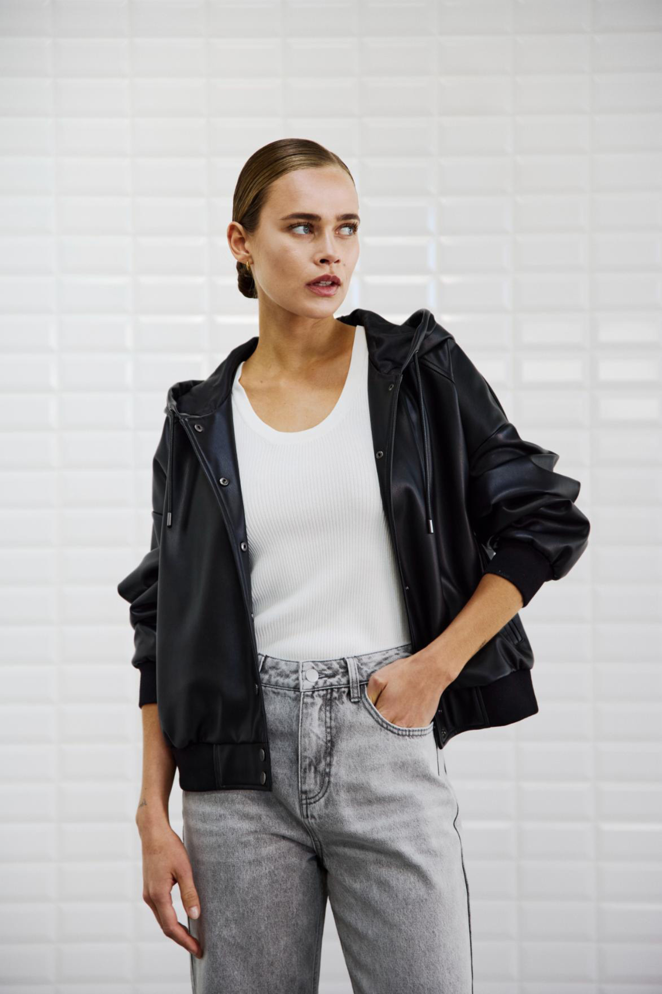 MAYA VEGAN HOODED BOMBER JACKET - BLACK